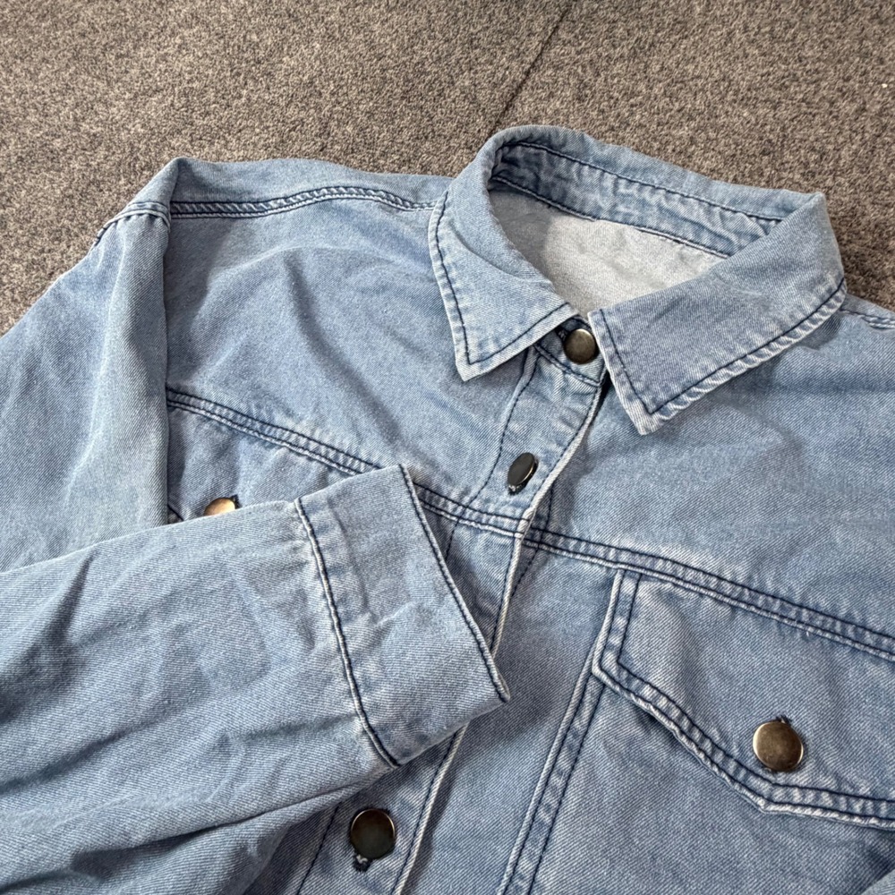 Light Wash Denim Shirt Jacket Oversized Raw Hem Shacket Blue‎ ZS-19